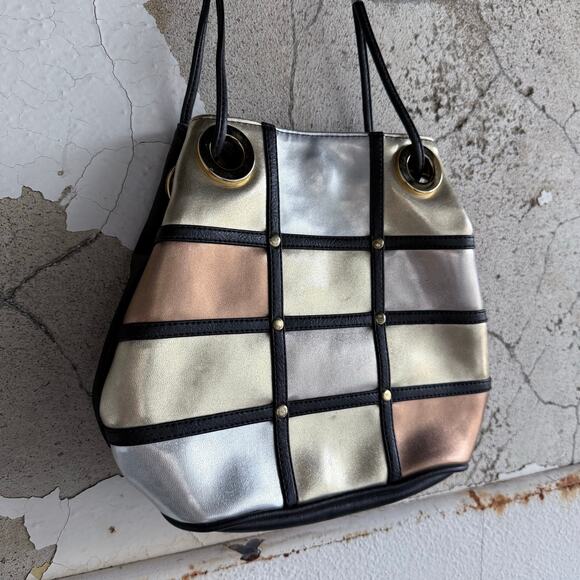 Unknown Handbags - Y2K Patchwork‎ Shoulder Bag Metallic Grommet Bucket Tote Purse Glam City Chic